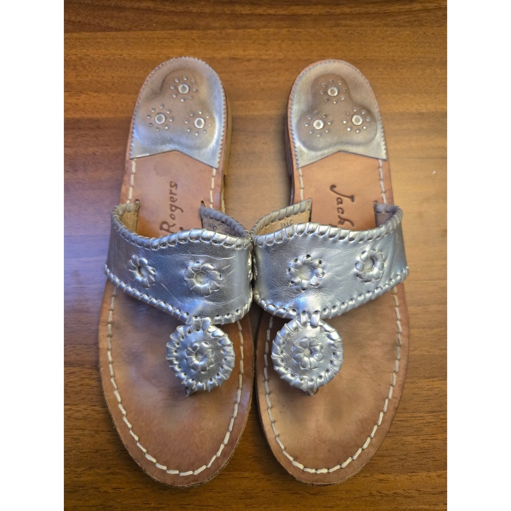 Jack Rogers Women's Flat Leather Sandals Metallic Silver 9M Boho Resort Vacation